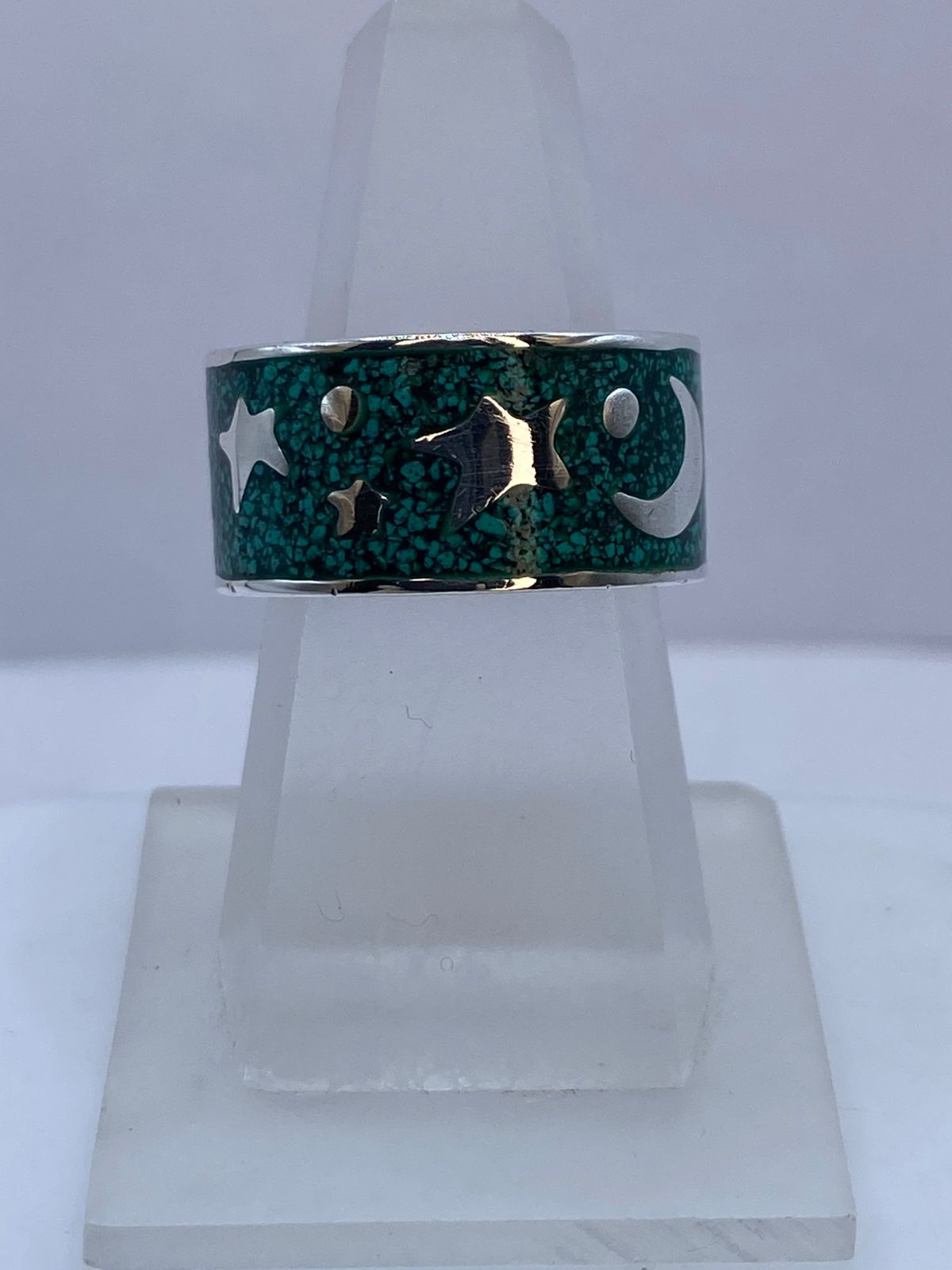 🌙⭐ Anillo de Malaquita con Diseño Luna y Estrellas en Plata .925