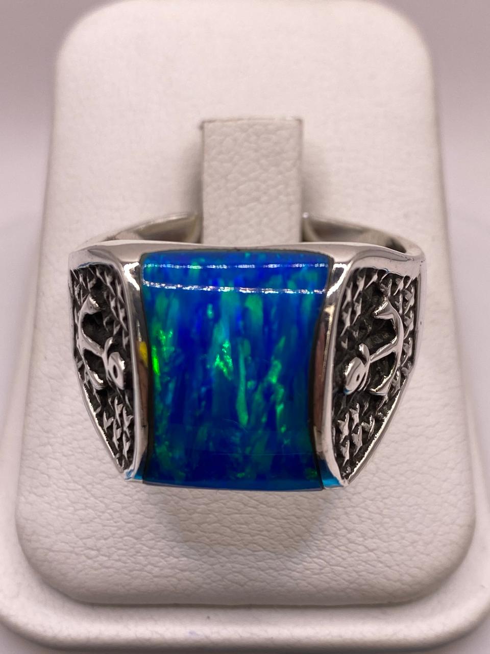 💙⚓ Anillo de Ópalo Azul con Detalle de Ancla en Plata .925