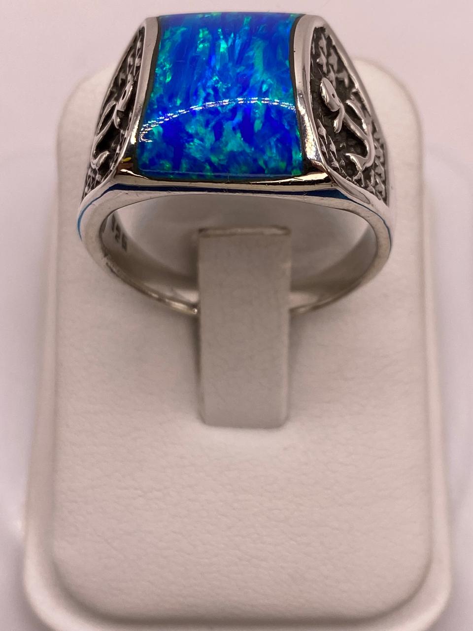 💙⚓ Anillo de Ópalo Azul con Detalle de Ancla en Plata .925