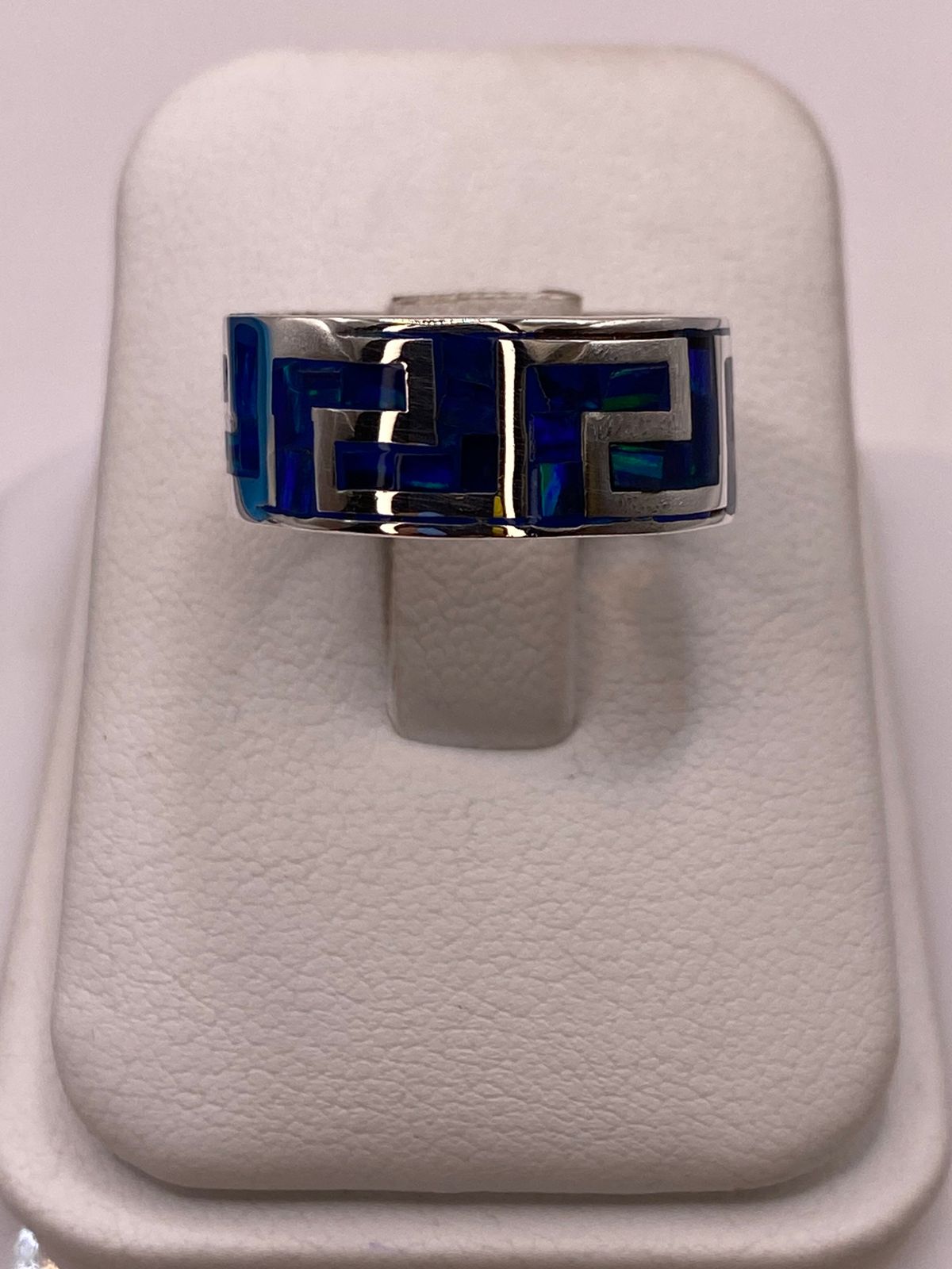🔥 Anillo con Ópalo de Fuego Azul‑Verde Diseño Greca en Plata Ley 950