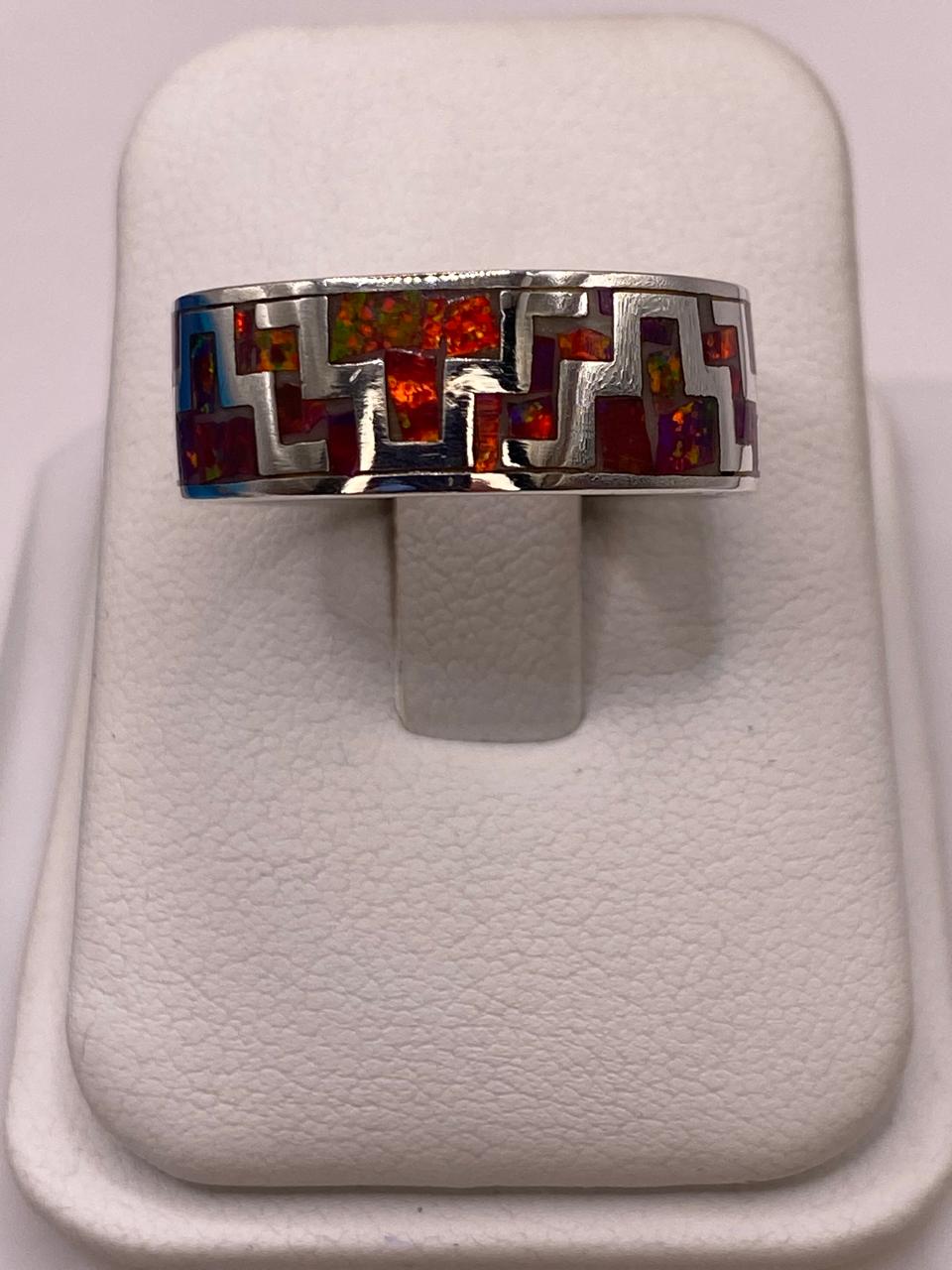 🔥✨ Anillo de Ópalo de Fuego con Diseño Geométrico en Plata Ley 950