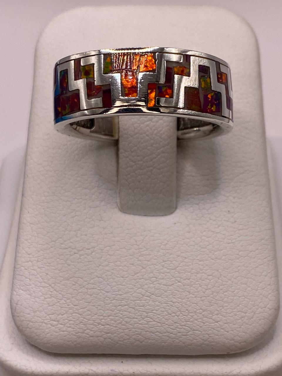 🔥✨ Anillo de Ópalo de Fuego con Diseño Geométrico en Plata Ley 950