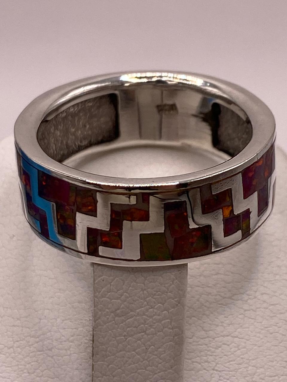 🔥✨ Anillo de Ópalo de Fuego con Diseño Geométrico en Plata Ley 950