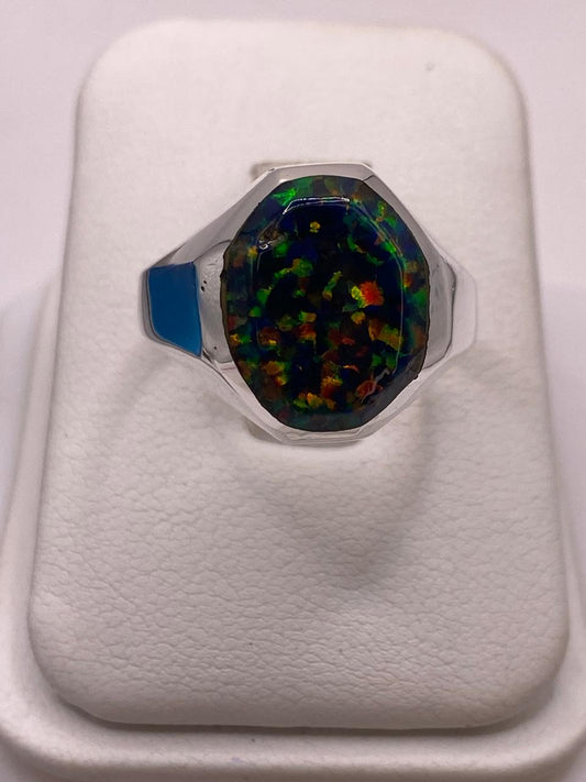 🌈🔥 Anillo de Ópalo de Fuego Multicolor en Plata Ley 925 — ángulo diagonal