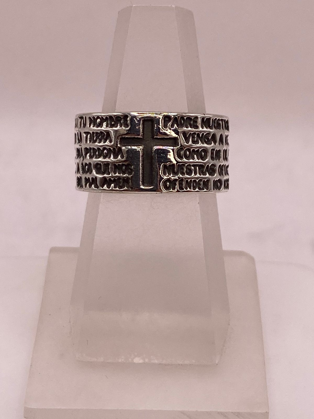 ✝️🙏 Anillo Padre Nuestro con Cruz en Plata .92 — ángulo diagonal