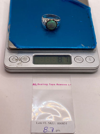 Anillo con Piedra Ópalo de Fuego Azul‑Verde en Plata Ley 950 con Detalles Martillados, peso en gramos (báscula)