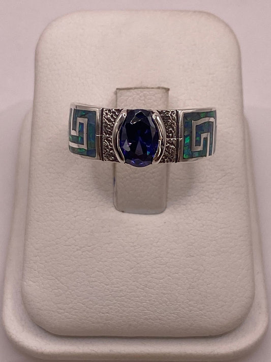 💍 Anillo de Plata 950 con Ópalo de Fuego y Zirconia Azul — ángulo diagonal