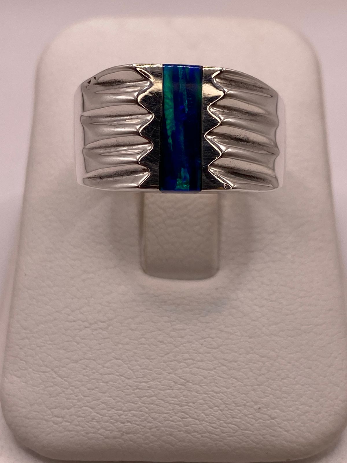 Anillo Plata Ley 925 con Ópalo de Fuego Diseño Contemporáneo Incrustación Vertical