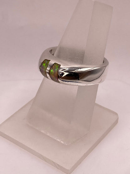 Anillo Plata Ley 925 con Ópalo de Fuego Diseño Moderno de Doble Incrustación