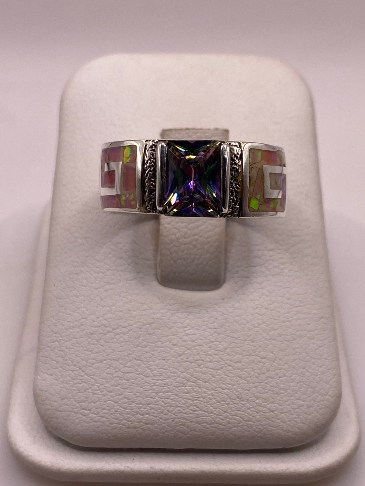 Anillo Plata Ley 950 con Ópalo de Fuego y Circonia Multicolor Diseño Greca