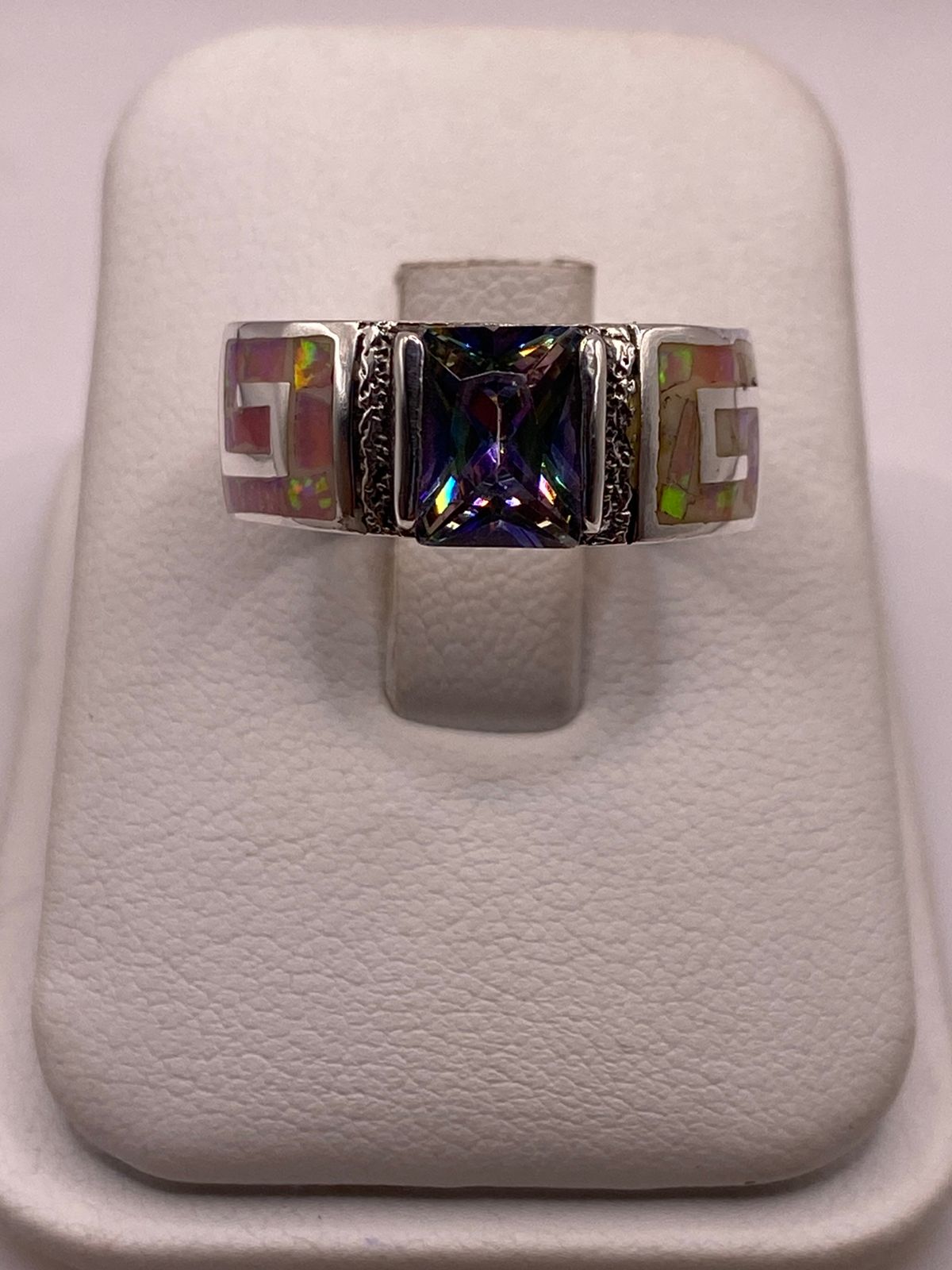 Anillo Plata Ley 950 con Ópalo de Fuego y Circonia Multicolor Diseño Greca