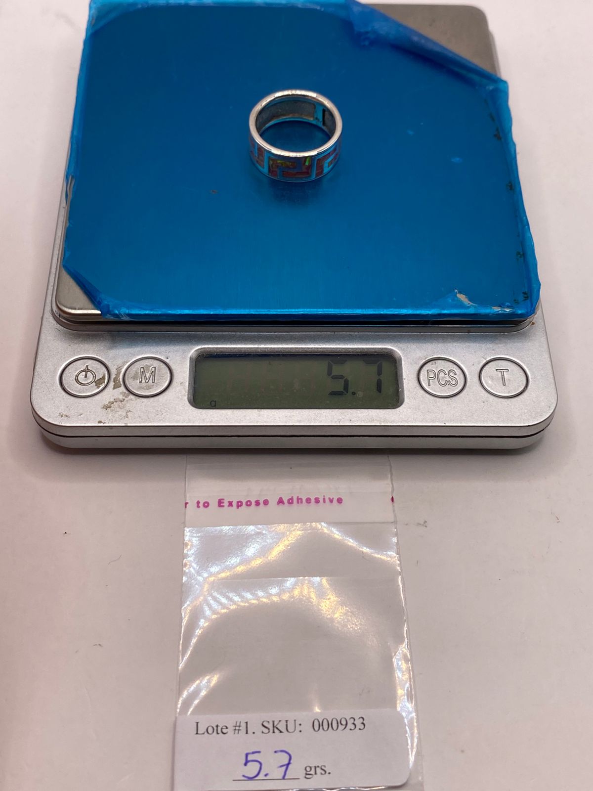 Anillo Plata Ley 950 con Ópalo de Fuego Rosado Diseño Geométrico Tipo Greca