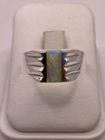Anillo Plata Ley 950 con Ópalo de Fuego Verde Diseño Moderno con Incrustación