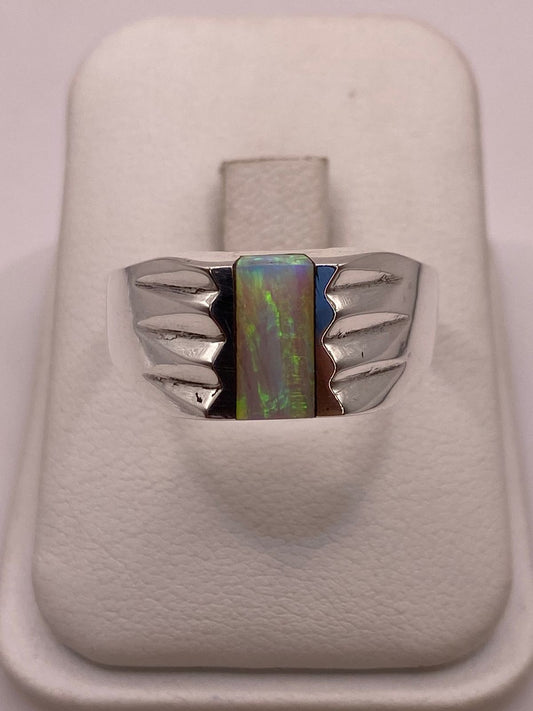 Anillo Plata Ley 950 con Ópalo de Fuego Verde Diseño Moderno con Incrustación, vista frontal