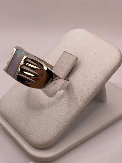 Anillo Plata Ley 950 con Ópalo de Fuego Verde Diseño Moderno con Incrustación