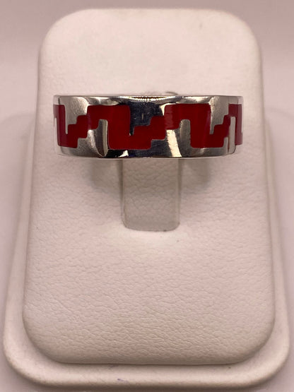 Anillo de Plata .925 con Coral Rojo – Diseño Geométrico Inspiración Prehispánica