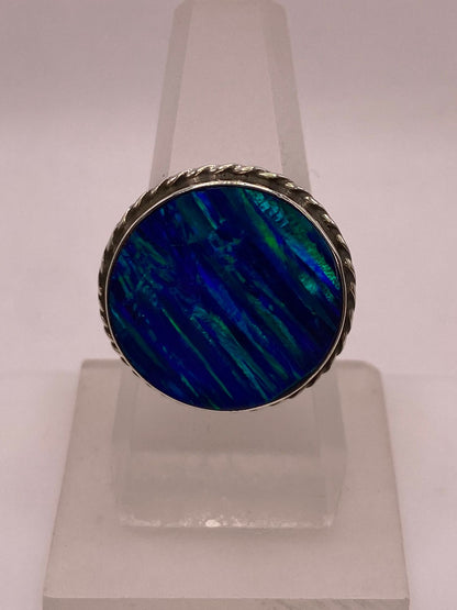 Anillo Redondo Ajustable con Ópalo de Fuego Azul y Verde en Plata .925