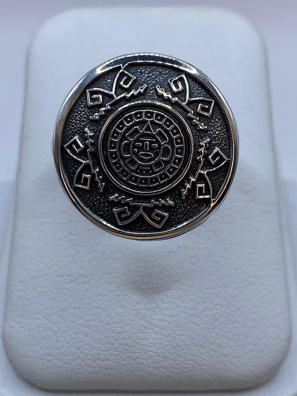 Anillo Redondo Calendario Azteca en Plata .925 – Diseño Prehispánico