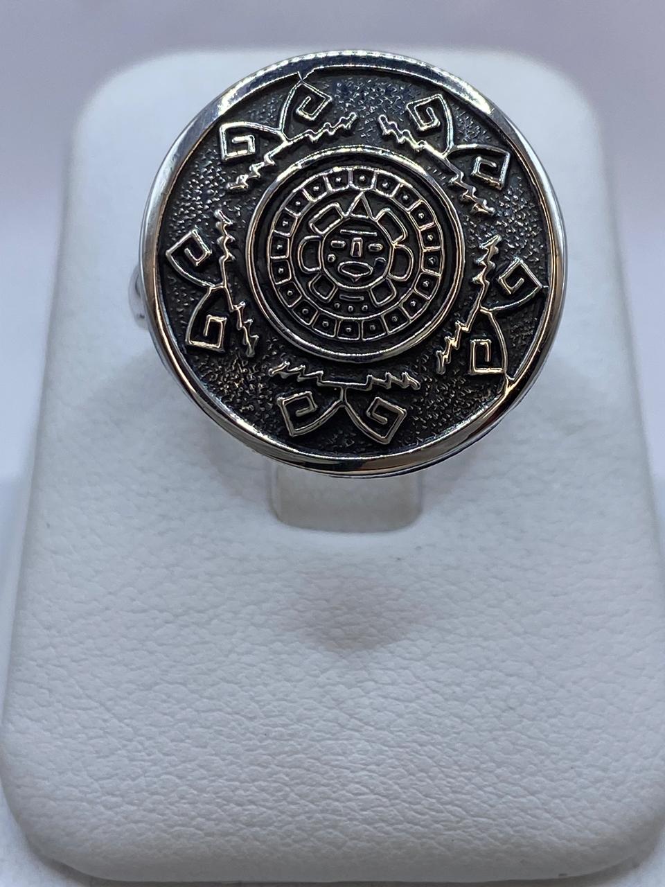 Anillo Redondo Calendario Azteca en Plata .925 – Diseño Prehispánico