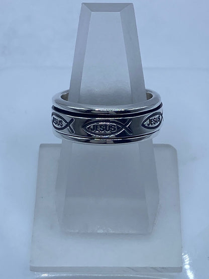Anillo Spinner de Plata .925 “jesús” con Símbolo Ichthys — vista lateral