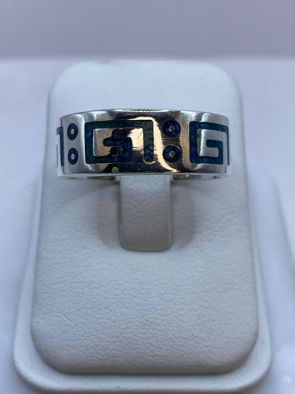 Anillo de Turquesa con Greca y Detalles Circulares en Plata .925, vista lateral
