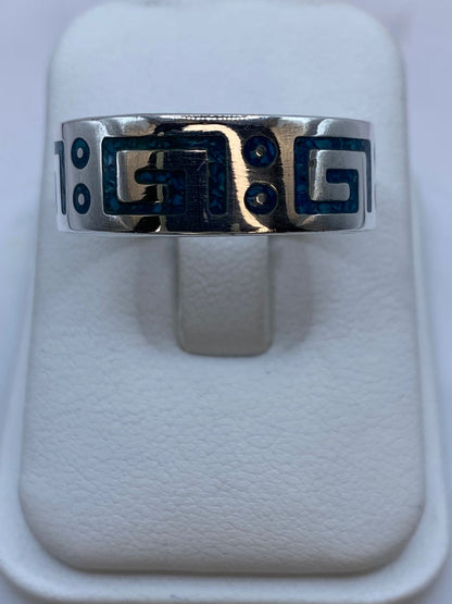 Anillo de Turquesa con Greca y Detalles Circulares en Plata .925, vista lateral