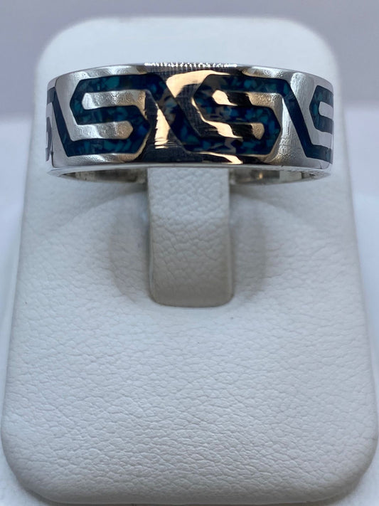 Anillo de Turquesa con Greca Geométrica en Plata .925