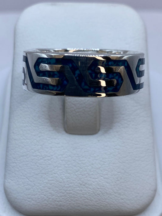 Anillo de Turquesa con Greca Geométrica en Plata .925, vista frontal