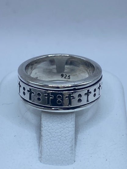 Sello de ley .925 en el interior del anillo giratorio banda delgada con cruces — plata auténtica artesanal Taxco