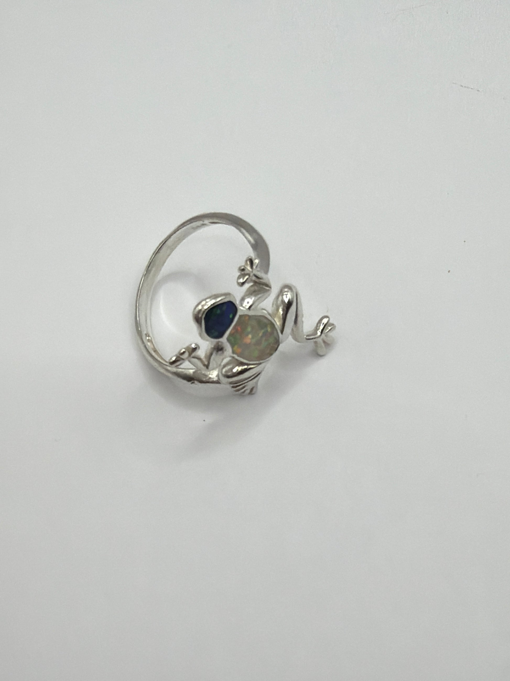 Detalle del anillo rana mostrando las patas extendidas y cabeza erguida, vista lateral