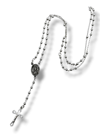 Rosario de plata .925 Virgen Desatanudos, 50cm de largo, cadena con bolas lisas de 2.5mm