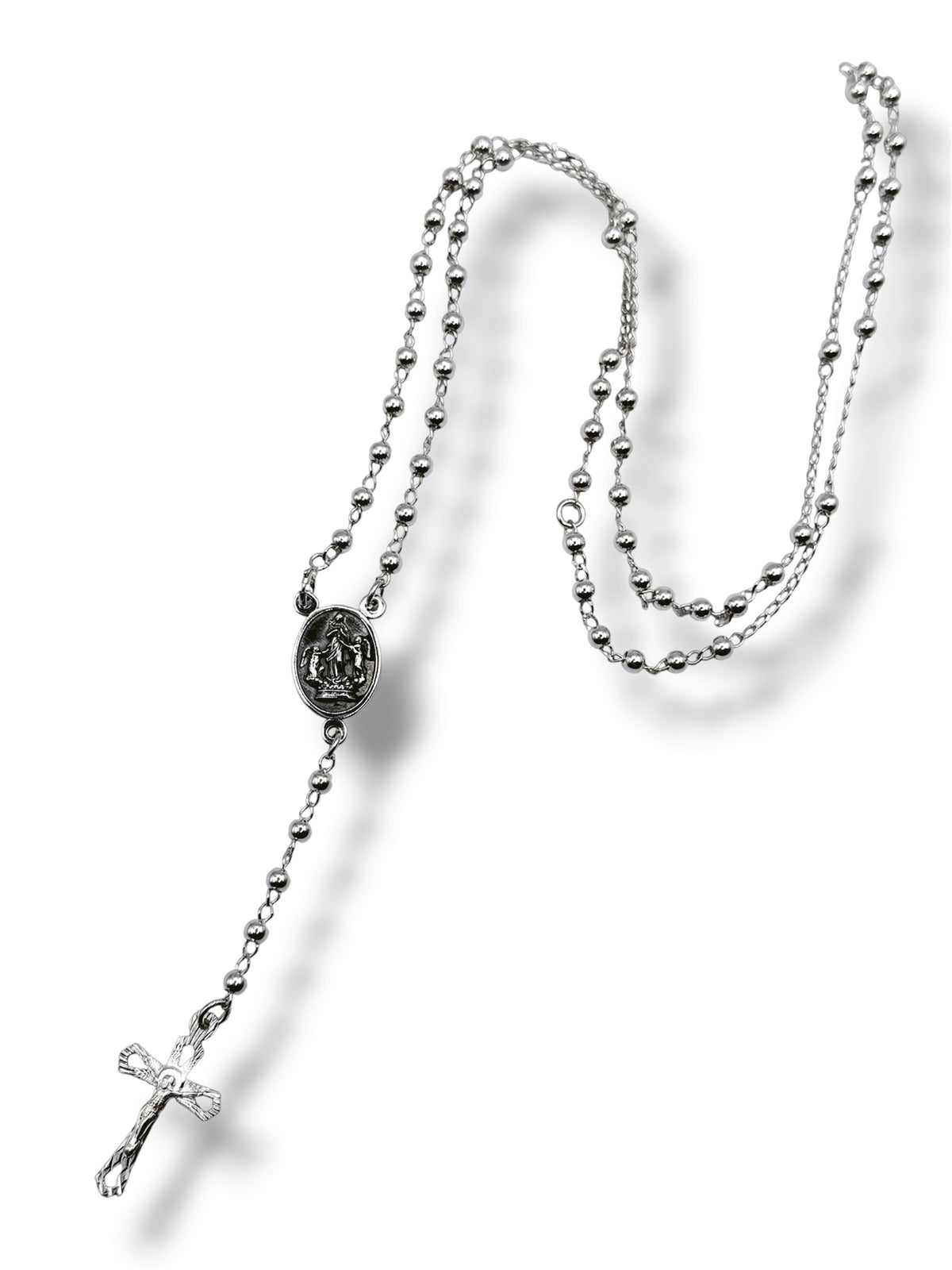 Rosario de plata .925 Virgen Desatanudos, 60 cm, con bolas plateadas y medalla de la Virgen