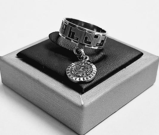 ANILLO CON COLGANTE AZTECA EN PLATA LEY 925