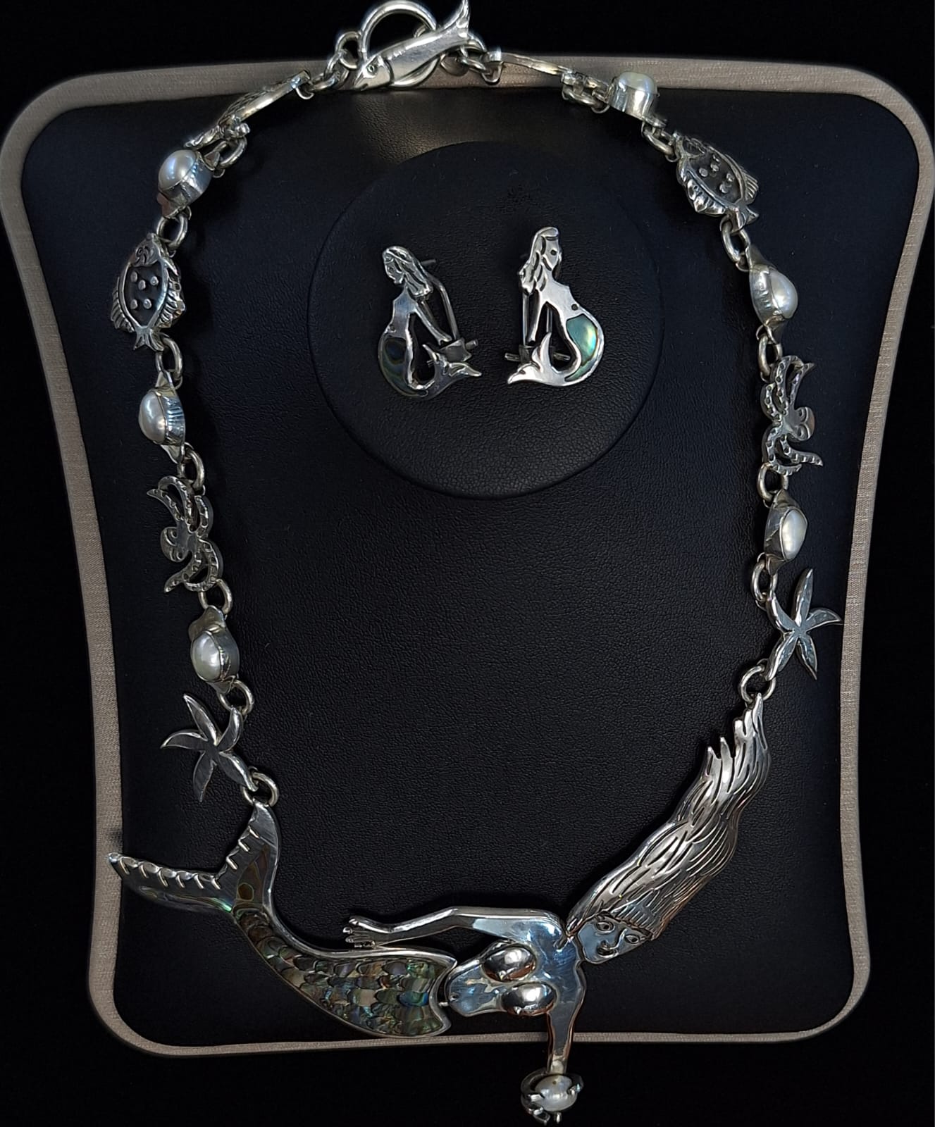 SET DE COLLAR  CON INCRUSTACIONES DE ABULON EN PLATA LEY 925